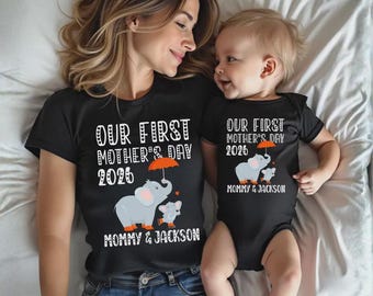 Camiseta personalizada para el primer Día de la Madre 2026, camiseta de elefante para mamá primeriza, regalo personalizado para el primer Día de la Madre, camiseta a juego para mamá y bebé.