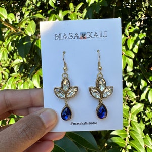 Gold Chandelier Earrings, Three Leaf Earrings, Blue Chandelier Earrings, Bollywood Chandelier Earrings, Gift for her