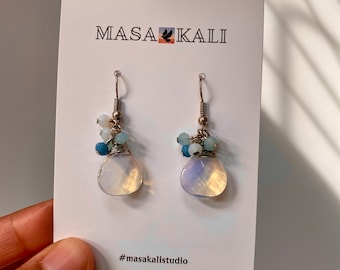 Blue Teardrop Earrings, Minimalist Earrings, White Opal Dangle Earrings, Gift for her