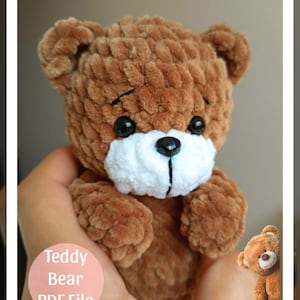 May include: A handmade brown teddy bear with a white muzzle and black eyes. The bear is made of a soft, textured material and is being held in someone's hands. The image includes the text "Teddy Bear PDF File" in a pink circle.