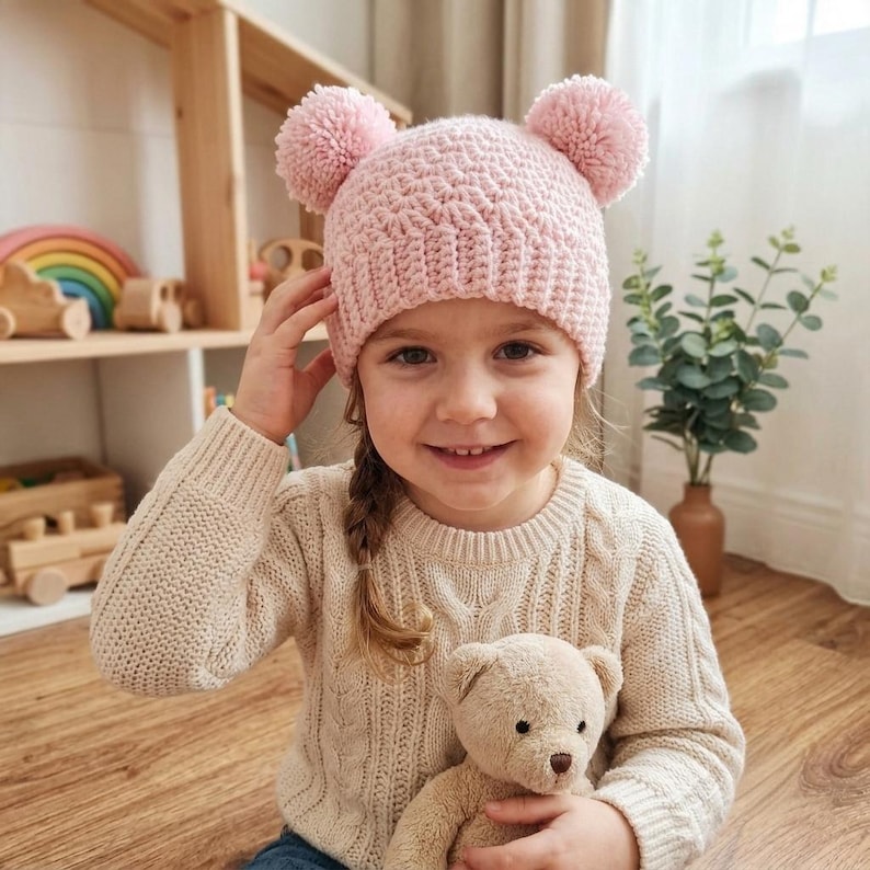 Puede incluir: Un gorro de ganchillo de color rosa claro que presenta dos grandes pompones a juego en la parte superior. El gorro est&aacute; confeccionado con un patr&oacute;n de punto texturizado y un borde acanalado que se ajusta a la cabeza con suavidad.