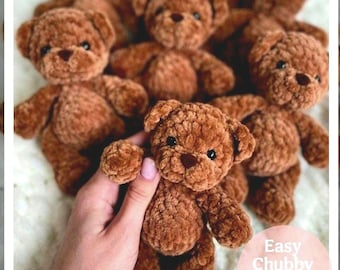 May include: A collection of handmade brown teddy bears with a soft, textured appearance. The bears have small, dark eyes and a round, chubby shape. The image includes the text "Easy Chubby Teddy Pdf".