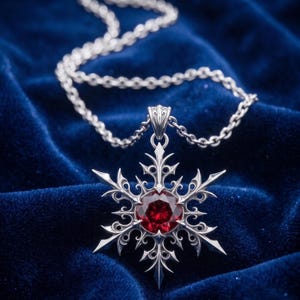 Gothic Snowflake Necklace with Red Crystal, Ruby Red Gemstone Ice Pendant Jewelry, Dark Fantasy Winter Cosplay Necklace, Gift for Her