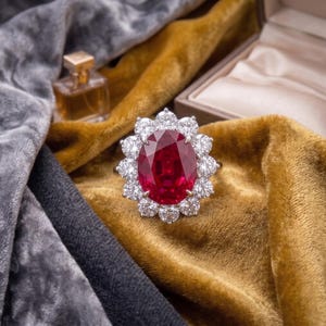 Peut inclure: Une bague ornée d'une grande pierre précieuse rouge foncé de taille ovale, entourée d'un halo de douze pierres blanches claires de taille brillant rond, montées sur un anneau métallique. Le design forme un arrangement floral étincelant.
