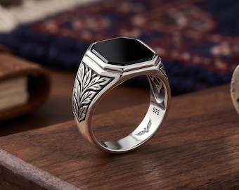 925 Sterling Silver Hexagon Black Onyx Signet Ring – Engraved Statement Men's Ring