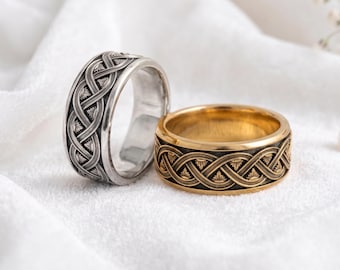 Celtic Knot Brass Wedding Band, Vintage Oxidized Rings, Antique Promise Band For Couples