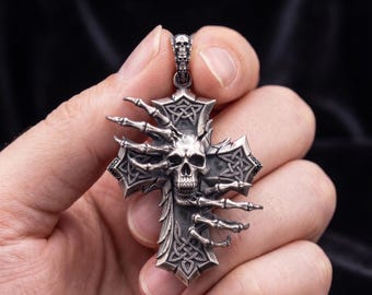 Gothic Skull Cross Pendant, Oxidized Brass, Celtic Biker Jewelry (Pendant Only)