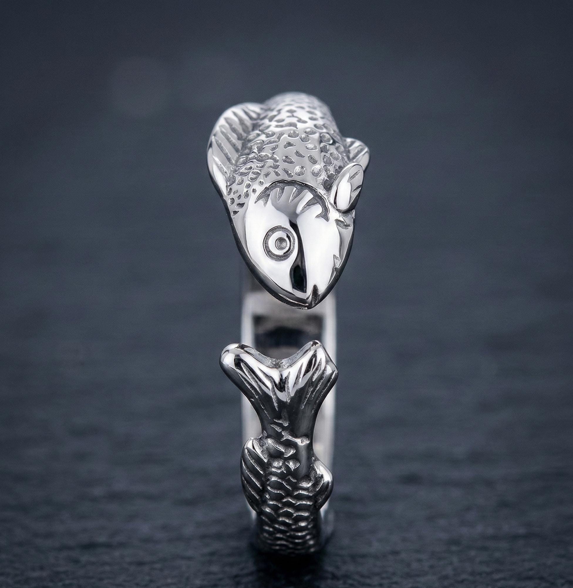 18K White Gold Fish Ring, Adjustable Koi Wrap Band, Marine Animal ...