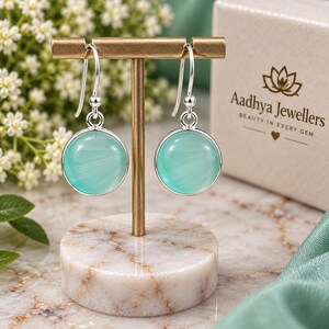Aqua Green Cat Eye Monalisa Earrings, Sterling Silver Bezel Set Dangle Jewelry