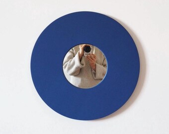Miroir rond bleu Bauhaus, miroir mural géométrique moderne, miroir tendance cobalt, décoration d'intérieur minimaliste, grand miroir contemporain