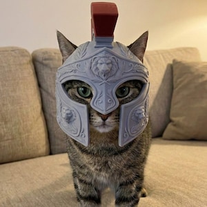 以下が含まれることがあります： 赤い飾り付きの、薄いグレーのローマ風ヘルメットをかぶったトラ猫。ヘルメットにはライオンの頭のディテールと装飾模様があります。猫はベージュ色のソファに座り、カメラをまっすぐ見ています。