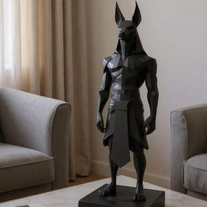 May include: A black Anubis statue, a stylized representation of the ancient Egyptian god with a jackal head and human body. The statue is standing on a black base, with a geometric design. The statue is in a living room setting.