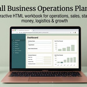 May include: A rose gold laptop shows a "Dashboard" interface of a "Small Business Operations Planner." The screen displays data entry fields and charts. A succulent in a beige pot and a white mouse are beside the laptop. Text reads: "Interactive HTML workbook for operations, sales, staffing, money, logistics & growth."