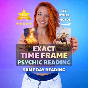 Puede incluir: Una mujer pelirroja sostiene dos cartas de tarot, una que representa fuego y otra una figura con un bastón. El texto en la imagen dice "EXACT TIME FRAME PSYCHIC READING" y "SAME DAY READING". Un gráfico de estrella dorada indica una calificación de 5.0.