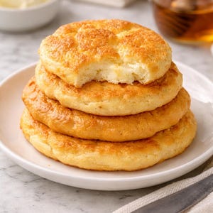 May include: A stack of four golden-brown, round, baked goods on a white plate. The top one has a bite taken out of it. A small bowl of white food and a jar of honey are in the background. A knife and napkin are on the side.