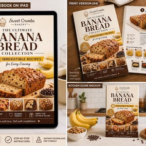 Op de afbeelding: Een iPad toont het kookboek "The Ultimate Banana Bread Collection". De omslag toont een gesneden bananenbrood. Andere afbeeldingen tonen het kookboek in druk, een keukenscène en een bananenbrood op een snijplank.