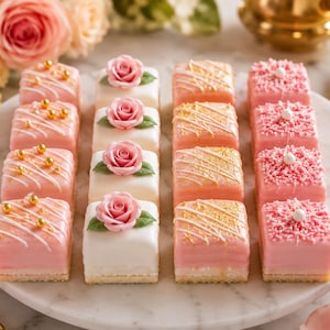 Könnte beinhalten: Eine Ansammlung von sechzehn quadratischen Petit Fours, die in vier Reihen auf einer weißen Marmorplatte angeordnet sind. Die Kuchen haben einen rosa und weißen Fondant-Überzug, verziert mit essbaren rosa Rosen, goldenen Zuckerperlen, Blattgold und rosa Streuseln.