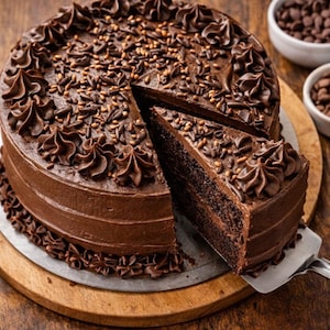 Può includere: Una torta al cioccolato con glassa al cioccolato e decorazioni a spirale, con una fetta rimossa. La torta è su un tagliere di legno, con gocce di cioccolato in piccole ciotole bianche sullo sfondo. Un dessert.