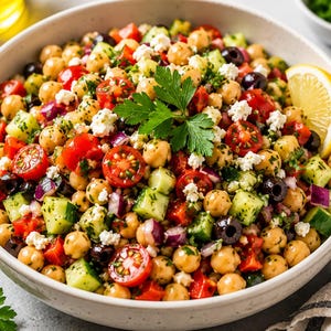 Può includere: Una grande ciotola bianca riempita con un'insalata di ceci contenente pomodorini rossi tagliati a metà, cetrioli verdi a cubetti, pezzi di cipolla viola, olive nere e feta bianca sbriciolata, guarnita con un rametto di prezzemolo fresco.