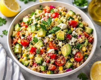 Receita de Salada de Quinoa | Refeição Mediterrânea Preparada com Antecedência, Almoço Rico em Proteínas (PDF Digital)