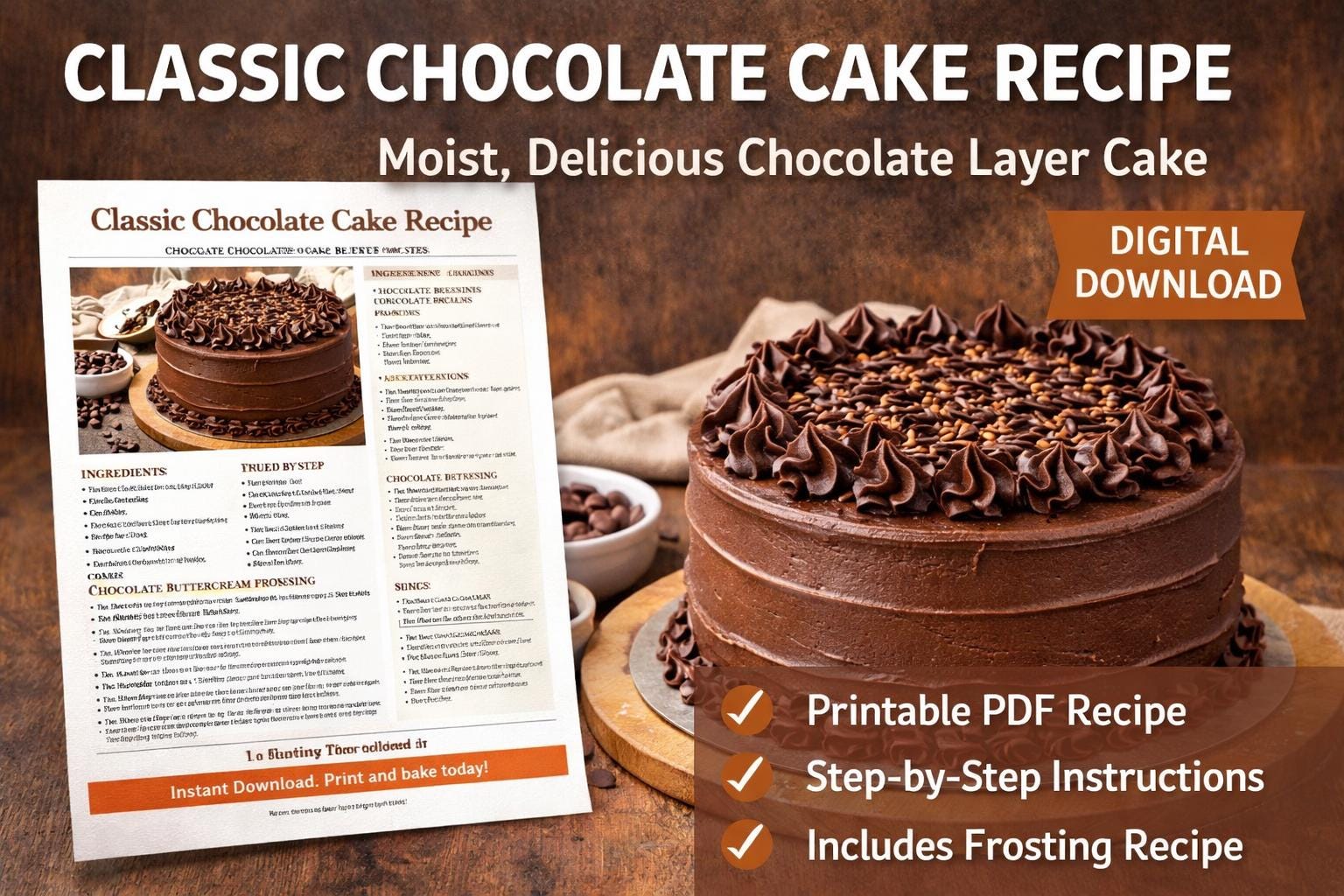 Classic Chocolate Cake Recipe | Printable PDF | Homemade Dessert ...