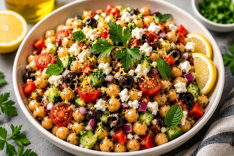 Op de afbeelding: Een kom kikkererwtensalade met gehalveerde cherrytomaatjes, blokjes komkommer, rode ui, zwarte olijven en verkruimelde fetakaas. De salade is gegarneerd met verse groene peterselie en muntblaadjes, met schijfjes citroen aan de zijkant.