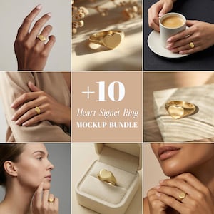 May include: A gold-colored heart signet ring is featured in multiple images. The ring is shown on a finger, in a ring box, and on a surface. The text "+10 Heart Signet Ring MOCKUP BUNDLE" is also visible.
