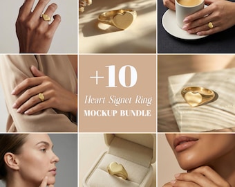 Stainless Steel Heart Signet Ring Mockup Bundle , Ring Mockups ,Square Heart Ring Mockup , Gold Signet Ring Mockup, Jewelry Branding Mockups