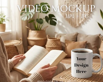 Mug Mockup Video,  Ceramic Mug video , Cozy Mug Video Mockup | Reading Coffee Mug Mockup Video , Pod Mug Mockup
