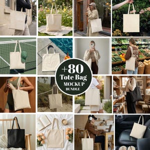以下が含まれることがあります： さまざまな環境にあるトートバッグのコレクション。バッグは黒やベージュなど、さまざまな色があります。画像には「+80 Tote Bag Mockup Bundle」というテキストが含まれています。