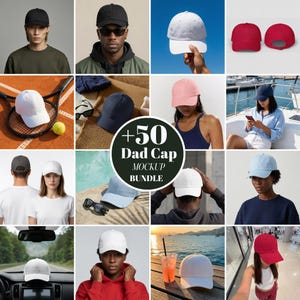 Może przedstawiać: Kolekcja różnych czapek typu dad cap w różnych kolorach, w tym czarnym, białym, różowym, niebieskim i czerwonym. Czapki są prezentowane na różnych osobach i w różnych środowiskach, pokazując wszechstronność produktu.