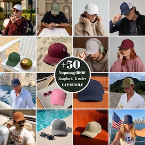 May include: A collection of snapback trucker caps in various colors, including white, navy, green, and pink. The caps feature mesh backs and are displayed on people in different settings. The image includes the text "+50 Yupoong 6606 Snapback Trucker CAP BUNDLE."