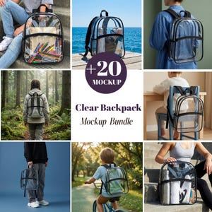 May include: A clear backpack mockup bundle. The image shows multiple clear backpacks filled with items like pens, notebooks, and water bottles. The backpacks have black trim and straps. The text "+20 MOCKUP" and "Clear Backpack Mockup Bundle" is also visible.