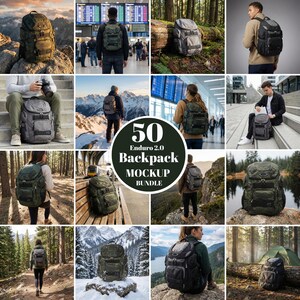 May include: A collection of images showcasing various backpacks in different outdoor and urban settings. The backpacks come in various colors and designs, with multiple pockets and compartments. The text "50 Enduro 2.0 Backpack Mockup Bundle" is visible in the center.