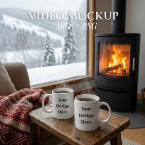 May include: Two white coffee mugs with the text "Your Design Here" sit on a wooden table. Steam rises from the mugs, suggesting hot coffee. A cozy scene with a fireplace and a snowy winter landscape visible through a window.