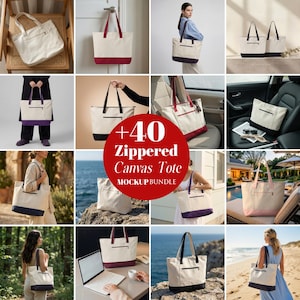 May include: A collection of canvas tote bags in various settings. The bags are primarily off-white with colored accents on the bottom and handles. Some have a zipper pocket. The image includes the text "+40 Zippered Canvas Tote Mockup Bundle."
