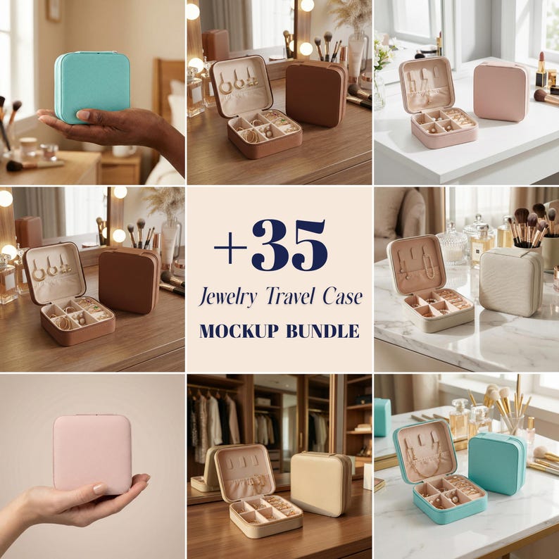 May include: A collection of jewelry travel cases in various colors, including teal, brown, and pink. Some cases are open, displaying compartments for rings, earrings, and necklaces. The image also includes the text "+35 Jewelry Travel Case MOCKUP BUNDLE."
