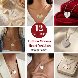 May include: A collection of heart-shaped necklaces in gold and silver. Some necklaces feature a heart that opens to reveal a hidden message. The image includes the text "Hidden Message Heart Necklace Mockup Bundle" and "12 Mockup".