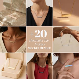 Könnte beinhalten: Ein Mockup-Bundle mit verschiedenen horizontalen Bar-Halsketten in Gold, Silber und Schwarz. Die Halsketten werden an Modellen und in einer Schmuckschatulle gezeigt. Das Bild enthält den Text "+20 Horizontal Bar Necklace Mockup Bundle".