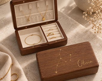 Personalised Astrology Wooden Jewellery Box, Star Sign Gift,  Travel Organiser for Rings and Necklaces
