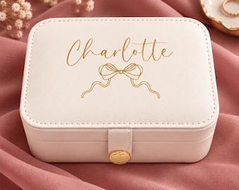 Personalised Jewellery Box Storage Organiser Custom Name Engraved Gift Bridesmaid Birthday Daughter Present Travel Case Pink Bow