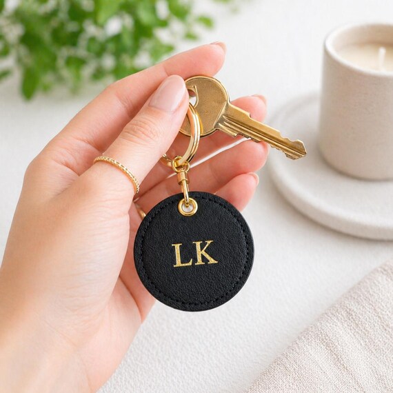Personalised Round Key Ring- Gold Initial Keychain- Vegan Leather, Embossed Keyring- Gift for Her