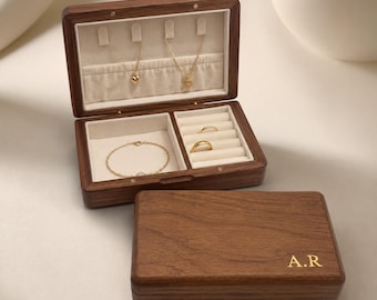 Personalised Travel Jewellery Box with Gold Foil Initials, Wooden Organiser for Rings and Necklaces