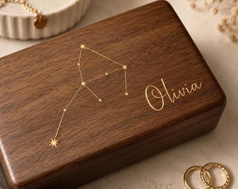 Personalised Astrology Wooden Jewellery Box, Zodiac Sign, Birth Month, Travel Ring Box