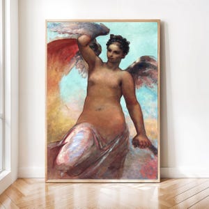 Puede incluir: Una impresión enmarcada de una pintura clásica que representa una figura desnuda con alas. La obra de arte utiliza una paleta de colores cálidos con tonos de marrón, rojo y azul. La figura está posando con un brazo levantado, y el fondo tiene una apariencia suave y difuminada.