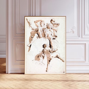 Puede incluir: Una obra de arte enmarcada en tonos sepia que representa una escena clásica con varias figuras. Las figuras están esbozadas en un estilo artístico detallado, con un enfoque en la anatomía humana y el movimiento. La obra de arte se exhibe en una habitación con paredes blancas y suelo de madera.