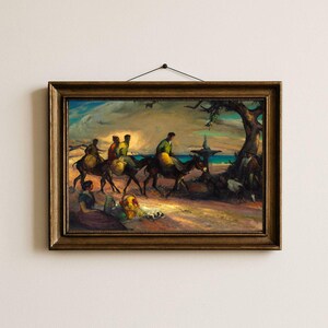 Puede incluir: Pintura antigua enmarcada que representa figuras montadas en burros cerca de un árbol y una fuente de agua. La obra de arte utiliza una paleta de colores cálidos con figuras con ropa colorida. El marco es de madera oscura y ornamentada.