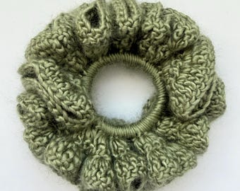 Scrunchie, Hand Knit Olive Green Chunky Hair Scrunchie, Handmade