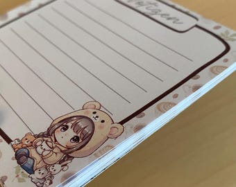 Kawaii Notizblock Mini - Süßes Notizpapier Mädchen & Kaffee - 30/60/90 Blatt - Niedliche Papeterie Geschenk für Schule oder Büro