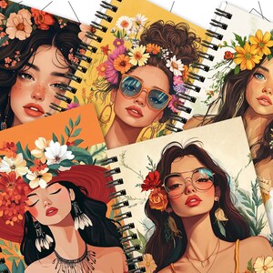 May include: A collection of spiral-bound notebooks featuring illustrations of women with floral headpieces and sunglasses. The notebooks have colorful covers with orange, yellow, and cream backgrounds. The illustrations have a bohemian and artistic style.